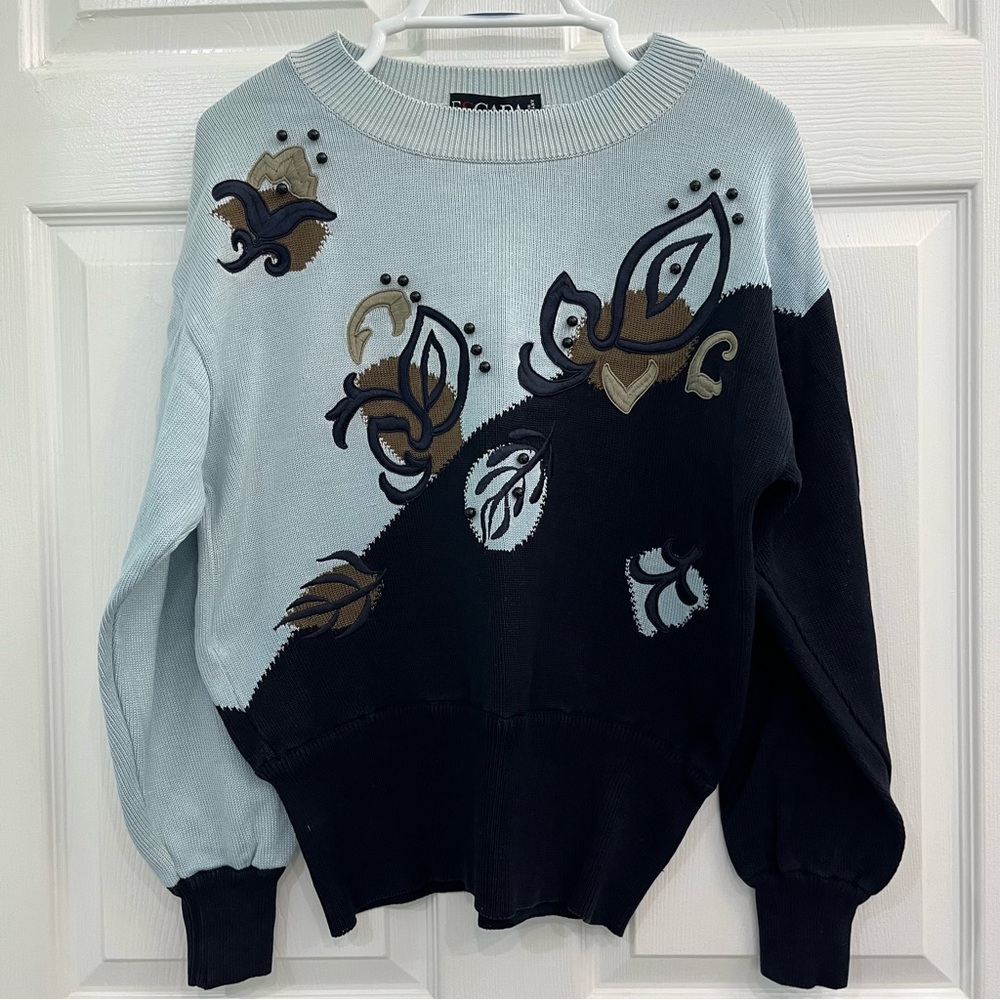 VINTAGE Escada Light Blue & Navy Beads Embroidered Women's Cotton Knit Sweater